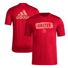 The adidas Men's Red Atlanta United FC Local Pop AEROREADY T-shirt is the perfect way to show your support for the Atlanta United FC. Made from recycled polyester, this comfortable and stylish t-shirt features a crew neck, droptail hem, and AEROREADY technology to keep you cool and dry. Whether you're cheering on the team at the stadium or showing your support around town, this t-shirt is a must-have for any Atlanta United FC fan. AEROREADY technology absorbs moisture and makes you feel dry Crew Red Athleisure T-shirt For Sports Season, Red Sportswear T-shirt With Letter Print, Red Letter Print T-shirt For Sportswear, Red Letter Print T-shirt Sportswear, Red Athleisure T-shirt For Sports, Red Sportswear T-shirt For Sports Season, Sports Red T-shirt With Logo Print, University Red Sporty T-shirt For Sports, Red Adidas Activewear For Sports