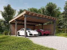 two sports cars parked in a carport on top of a grass covered field next to trees