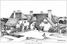 an old drawing of a house in the middle of a town with lots of chimneys