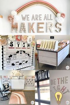 we are all makers at the craft store and it is decorated with paper flowers, letters, and other things