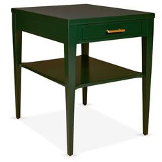 a green end table with one drawer open