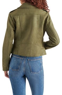 A soft faux suede moto jacket with a cropped hem pairs well with anything in your wardrobe. 19" length (size S) Notch collar Long sleeves 95% polyester, 5% elastane faux suede shell
 Hand wash Imported Model stats: 5'10" height, 32" bust, 25" waist, 36" hip. Model is wearing size S. Casual Suede Biker Jacket, Casual Suede Biker Jacket For Fall, Casual Spring Leather Jacket With Suede Overlays, Casual Leather Jacket With Suede Overlays For Spring, Casual Fitted Suede Biker Jacket, Casual Suede Fitted Biker Jacket, Casual Outerwear With Suede Overlays, Trendy Suede Leather Jacket, Spring Long Sleeve Leather Jacket With Suede Overlays