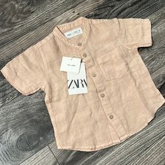 Zara Linen Dress Shirt Baby Boy 9-12 Months New Pink/Tan Beige Cotton Tops For Playtime, Cute Brown Tops For Playtime, Beige Short Sleeve Tops For Playtime, Cute Summer Shirt By Zara, Pink Shirt For Summer Playtime, Zara Linen Dress, Zara Kids Boys, White Long Sleeve Cardigan, Baby Pink Top