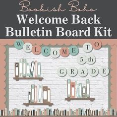 welcome back bulletin board kit with bookshelves and letters on the wall in front of it