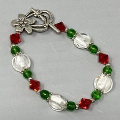 Glass Bead Bracelet Christmas Red Green White Dichroic Faceted Bicone Flower 7" Glass Bead Bracelet, White Bracelet, Bracelet Christmas, Christmas Necklace, Beads Jewellery, Christmas Bracelet, White Bracelets, Hand Stamped Jewelry, Bracelet Beaded