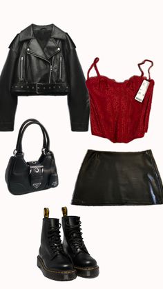 Dark Feminine Style, Red Top Outfit, Rock Star Outfit, Red And Black Outfits, Rock Outfits