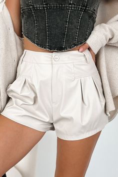 Milan Mood Pleated Faux Leather Shorts (Ecru) - NanaMacs Faux Leather Shorts, Leather Shorts, Size Charts, Leather Material, Milan, High Rise, Faux Leather, Zipper, Leather