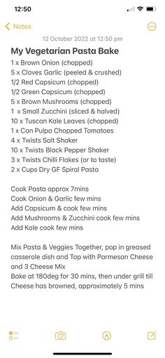 the menu for my vegetarian pasta bake