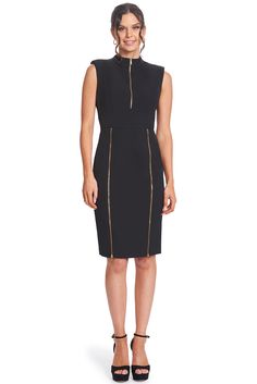 Explore the adaptability & versatility of our Just Zip It Dress. Boasting exposed functional gold zippers, this multipurpose LBD allows you to dictate the direction of your style. Crafted from stretch poly crepe, this midi dress showcases 1/4" thick shoulder pads and numerous functional zippers, including along the center back, front bodice, and skirt front princess seams. With the option to zip it closed for a more modest appearance, unzip it for a more alluring look, or find a middle ground. Y Gold Midi Dress For Workwear, Trans Outfit, Mandarin Dress, Mermaid Midi Dress, Bianca Dress, Ponte Dress, Zip Dress, Sleeveless Midi Dress, Princess Seams