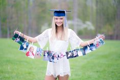 a young woman in graduation cap and gown holding up photos with pictures hanging from them