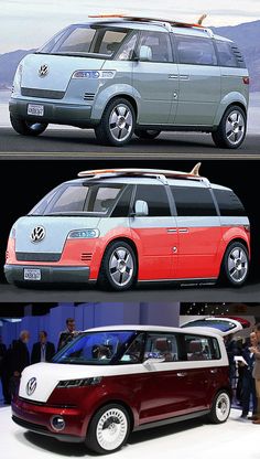 three different colored cars on display at an auto show