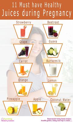 a woman is holding her arms crossed in front of juices and drinks, with the words 11 must have healthy juices during pregnancy