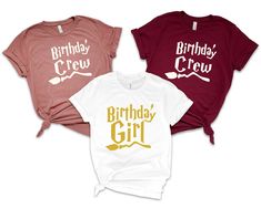 Thousands of hand-printed t-shirts. Birthday Group Shirts, Birthday Party Shirts, Birthday Squad Shirts, Universal Shirts, Family Reunion Shirts, Reunion Shirts, Harry Potter Shirts, Harry Potter Birthday, Birthday Girl Shirt