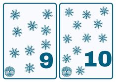 two snowflakes with the numbers nine and ten are shown in blue on a white background