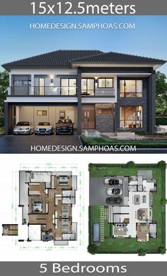 the floor plan for this modern house is shown in three different colors and sizes, including two