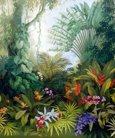 a painting of tropical plants and flowers