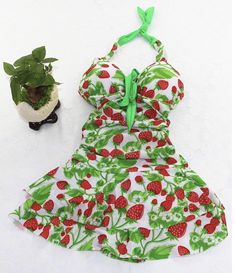 Women Strawberry Swim Dress, Vintage Strawberry Print Halter Cute One-piece Swimwear For Vacation, Cute Summer Pool Swimwear, Cute One-piece Swimwear For Pool, Red Cherry Print Swimwear For Spring, Fitted Cherry Print Swimwear For Spring, Cute Summer Vacation Swimwear, Spring Strawberry Print Swimwear, Cute Sleeveless Swimwear For Summer, Summer Strawberry Print Swimwear