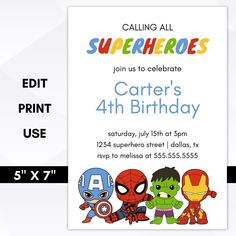 superhero birthday invitation template Superhero Theme Birthday Party, Superhero Birthday Invitations, All Superheroes, Superhero Birthday Party, Bottle Wrapping, Theme Birthday Party, Birthday Invitation Template, Invite Template, Create Invitations