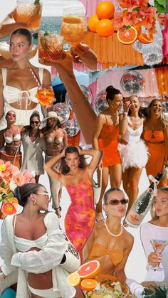 a collage of women dressed in bathing suits and bikinis with oranges on them