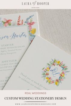 two wedding stationery designs with the words, custom wedding stationery design on them