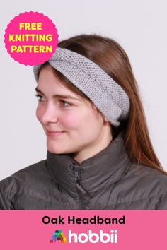 a woman wearing a gray headband with the words free knitting pattern above her head