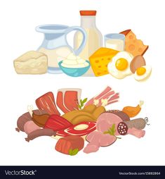 different types of meats and cheeses on a white background