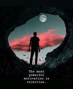 a man standing in the middle of a cave under a full moon with a quote on it