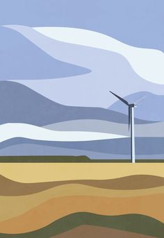 a painting of a wind turbine in the middle of a field with hills and clouds behind it