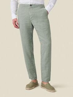 Luca Faloni Casual Tapered Linen Bottoms, Summer Linen Chinos, Sage Green Dress Pants Men, Spring Linen Tapered Leg Chinos, Straight Leg Linen Pants, Relaxed Fit Linen Chinos With Straight Hem, Relaxed Fit Linen Chinos For Summer, Spring Linen Chinos With Straight Hem, Spring Linen Tapered Bottoms