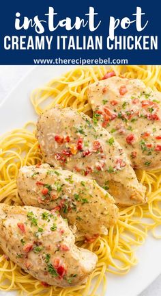 instant pot creamy italian chicken recipe on a white plate with noodles and parmesan cheese