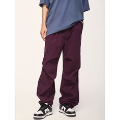 Loose Retro Color-Block Sports Wide-Leg Pants Material: 100%Polyester Size: S, M, L, XL Color: Navy Blue, Purple Applicable Scene: Leisure, Daily, Vacation Purple Wide Leg Bottoms For Streetwear, Baggy Solid Color Sports Pants, Purple Straight Leg Pants For Streetwear, Casual Purple Straight Leg Cargo Pants, Casual Baggy Purple Pants, Casual Purple Pants With Side Pockets, Casual Purple Sweatpants With Elastic Waistband, Streetwear Purple Bottoms With Side Pockets, Relaxed Fit Purple Pants For Streetwear