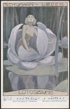 a drawing of a woman sitting on top of a flower in the middle of water