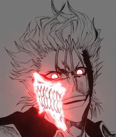 an anime character with red eyes and fangs on his face, looking at the camera