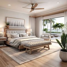 a bedroom with a large bed and wooden floors