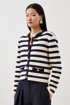 A Classic Cardigan Is Updated With A Nautical Stripe Print And Polished Buttons That Cascade Through The Front. Finished With A Round Neck And Long Sleeves, Pair This Piece With Tailored Pants For A Sophisticated Workwear Ensemble.Round Neckstripe Printpolished Buttons Chic Striped Outerwear With Button Closure, Classic Striped Outerwear With Button Closure, Luxury Striped Cardigan For Workwear, Luxury Striped Winter Cardigan, Luxury Long Sleeve Striped Cardigan, Bride Jumpsuit, Petite Wedding Guest Dresses, Outfits Petite, Petite Coat