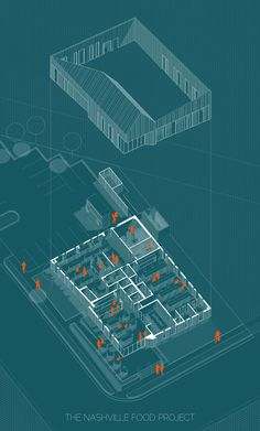 the nashville food project's floor plan is shown in blue and orange, with red dots