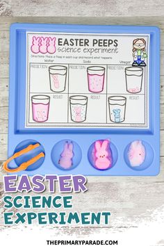 an easter science experiment for kids is shown on a blue tray with bunny pees