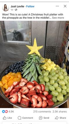 a metal bowl filled with lots of different types of fruit on top of a table