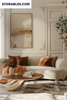 a living room filled with lots of furniture and decor on top of a white rug