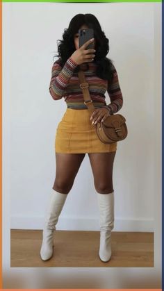 Short Outfits With Boots, Cute Fall Thanksgiving Outfits, Leather Shorts With Fishnets Outfit, 1960s Outfits Aesthetic, Fall Fair Outfit Ideas, Pumpkin Patch Outfit Black Women, Bonfire Attire, Fair Outfits Black Women, Yellow Fall Outfits