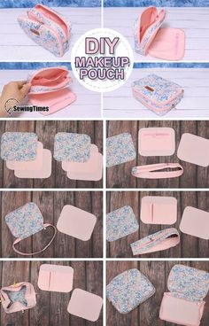 how to make a diy makeup pouch with flowers on the front and side, including two