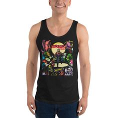 Run for your life with this awesome vintage comic inspired horror tank top tee! Our unsuspecting victim is set against a bright full moon in the graveyard while a myriad of scary monsters, demons, devils, zombies, reptile mutants, ghouls, and more close in on him. Beware Terror Tales... wear at your own risk! Buttery soft for the perfect blend of comfort and style, this quality sleeveless shirt has a flattering fit for both men and women. • 100% combed and ringspun cotton • Tri-blends are 50% po Run For Your Life, Scary Monsters, Man Vs, Vintage Comics, Graveyard, Sleeveless Shirt, Full Moon, Top Tee, Zombie