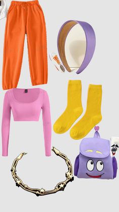 an assortment of clothing and accessories on a white background, including socks, headbands, hat, handbag