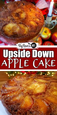 upside down apple cake with apples in the background and text overlay that reads upside down apple cake