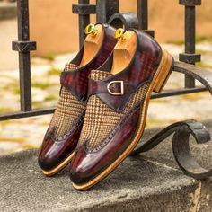 Custom Made Goodyear Welted Single Monks in Raw Crust Italian Calf Leather with a Burgundy Hand Patina and Tweed Handmade Footwear, Artistic Shoes, Female Poets, Staple Shoes, Extra Wide Shoes, Jodhpur Boots, Men In Heels, Shoes Beige, Gentleman Shoes