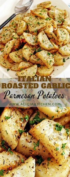 this is an image of roasted garlic parmesan potatoes on a white plate with the title above it