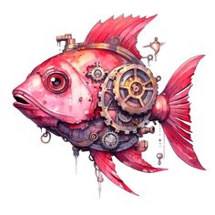 a drawing of a red fish with gears on it's body and wheels in its mouth