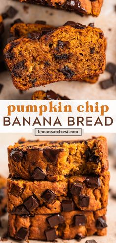 pumpkin chip banana bread with chocolate chips cut in half and stacked on top of each other