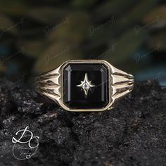 Solid 14K Yellow Gold Men Band Wedding Band Minimalist Ring Black Onyx Ring Real Gemstone Wedding Anniversary Band Promise Ring For Him -->Ring details: - Theme:Romantic Wedding & Engagement - comfortable band - Center Stone :Black Onyx  - Carat: 10*10mm 5.5ct - Side stone :Moissanite - Ring thickness 1.4mm - Ring width 2.5mm Materials: - 14k rose gold/14k white gold /14k yellow gold --->Accessories: - beautiful jewelry boxes, and some of little gifts. --->Guaranteed Purchase: - 14 Day Refund Gu Black Onyx Men Ring, Black Onyx Engagement Ring Men, Black Stone Ring For Men, Black Onyx Ring Men, Promise Ring For Him, Onyx Ring Men, Ring Princess Cut, Promise Rings For Him, Gemstone Wedding