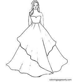 a line drawing of a woman in a ball gown with long hair and flowing skirt